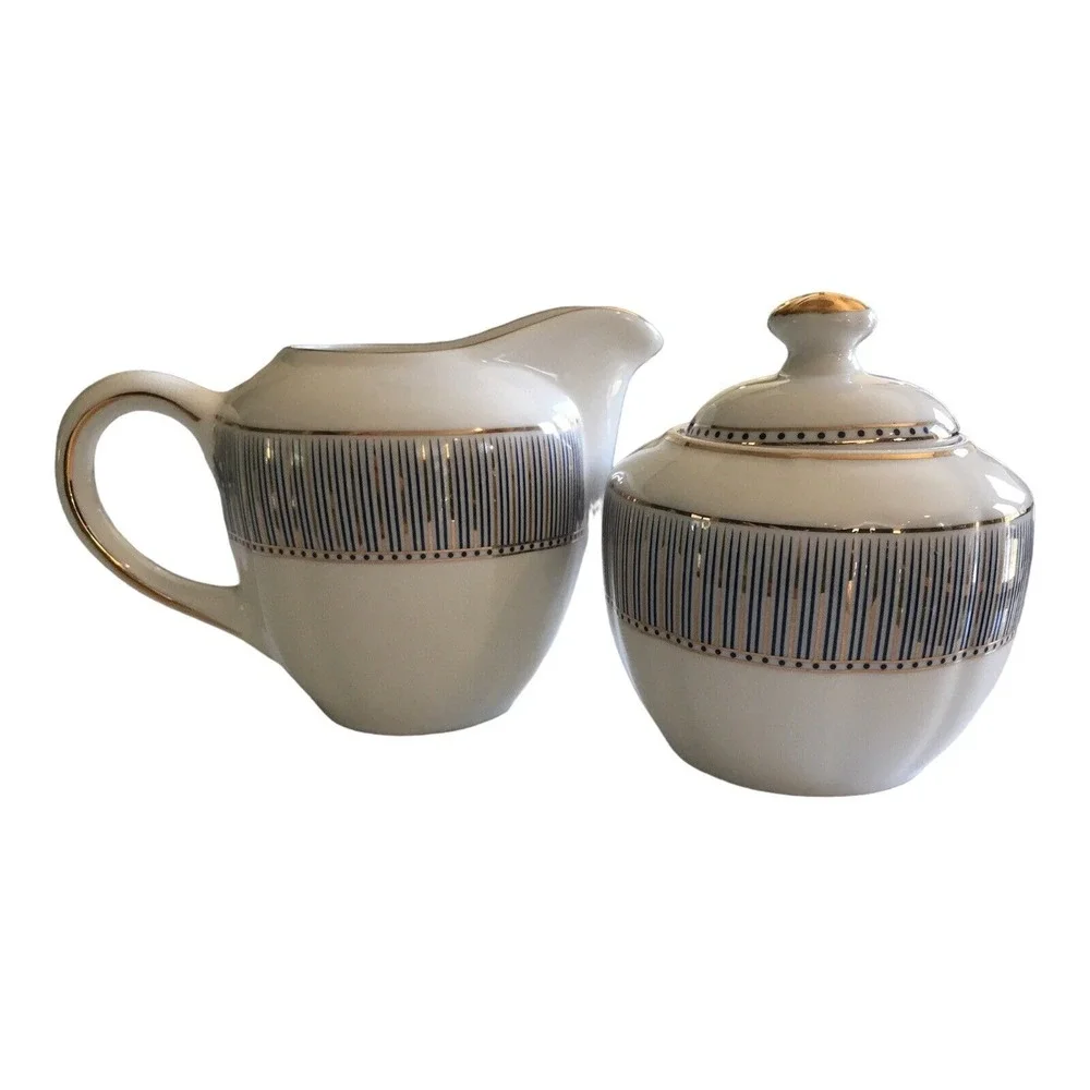 Grace's Teaware Porcelain Cream & Sugar Set Tea Serving‎ White Blue Gold Stripes